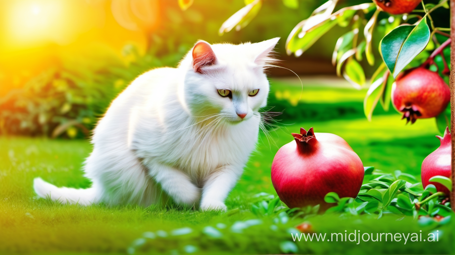 A white cat staring at a pomagranate